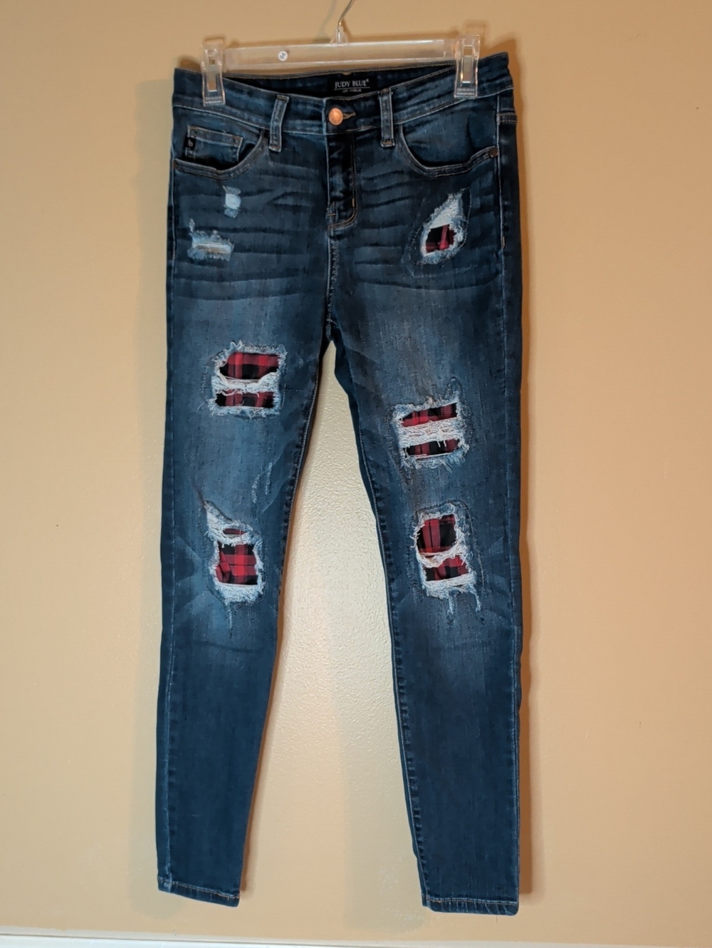 Judy Blues Distressed Buffalo Plaid Skinny Fit Denim Jeans Size 9/29